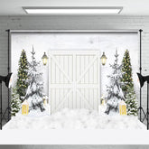 Lofaris White Wooden Door Pine Tree Snow Winter Backdrop